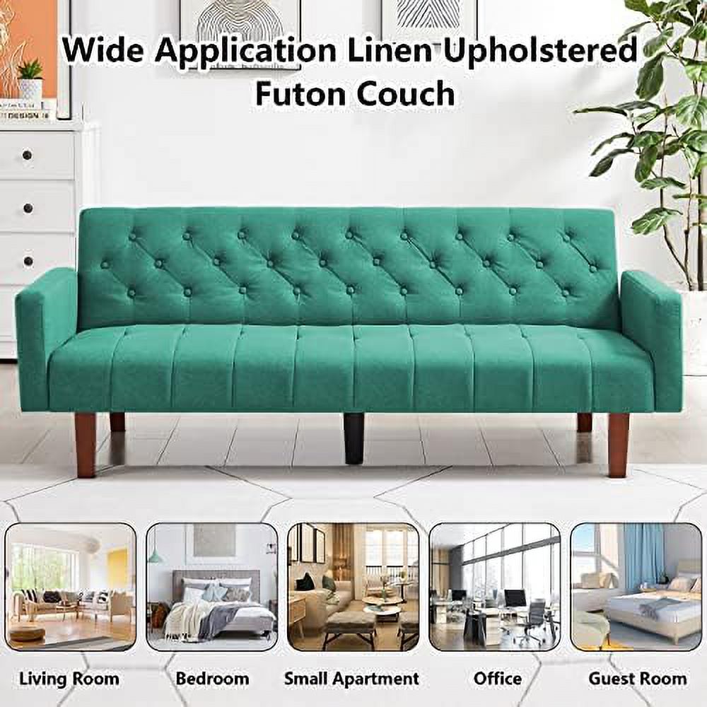 Linen Upholstered Futon Sofa Bed 74" Tufted 3 Seater Beige S38369