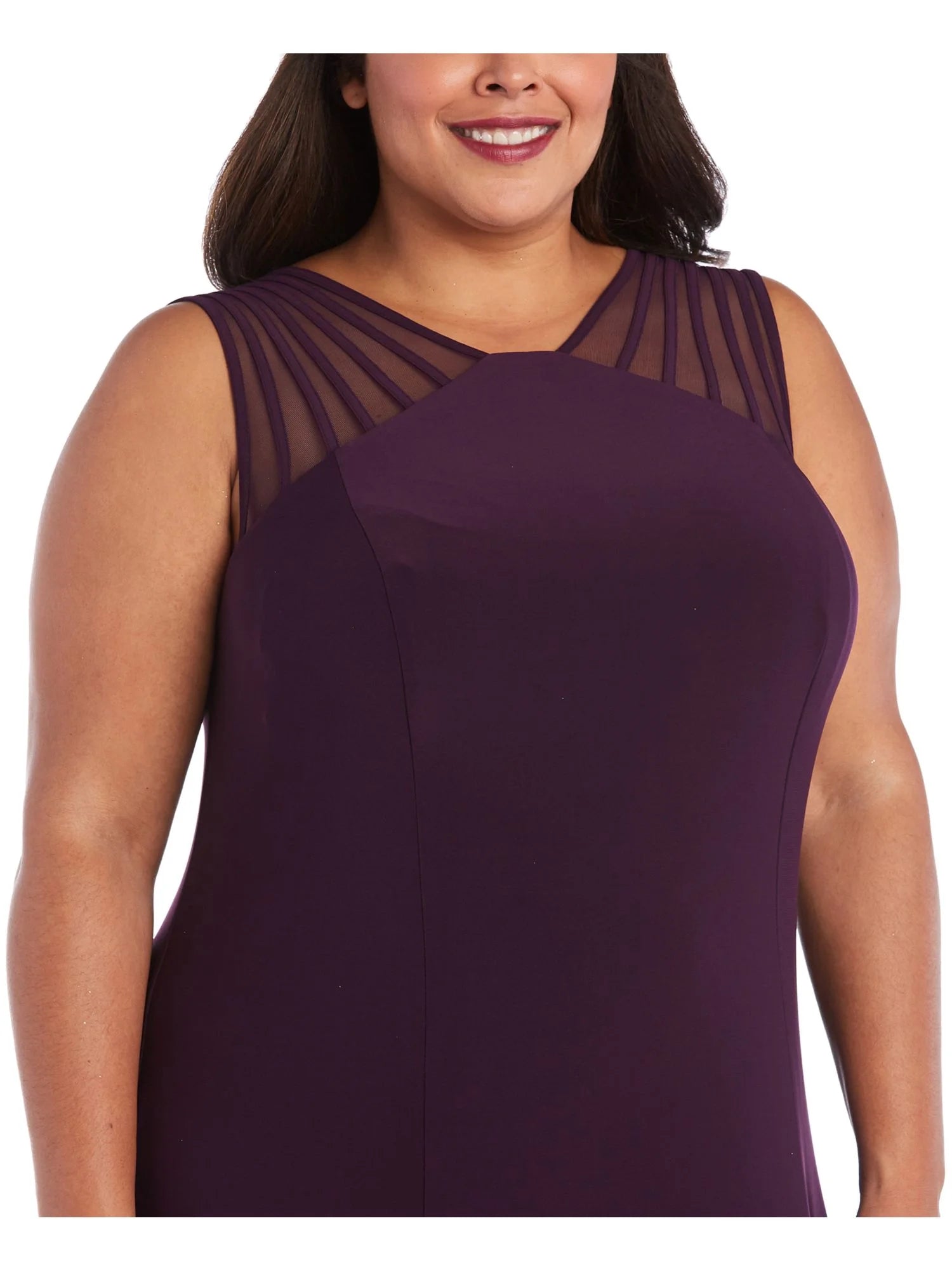 Purple Stretch Zippered Pleated Strappy Mesh-inset Sleeveless V Neck Full-Length Formal Gown Dress Plus 18W A217057