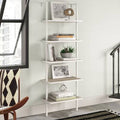 Gray Oak Wood White Metal Frame Steel Ladder Bookcase S797846