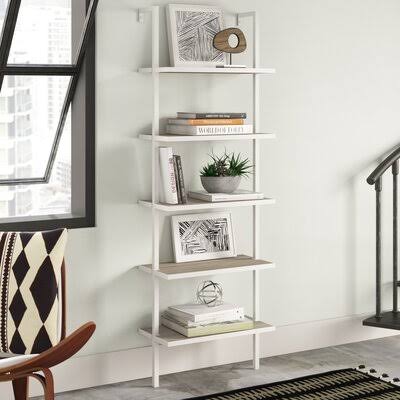 Gray Oak Wood White Metal Frame Steel Ladder Bookcase S797846
