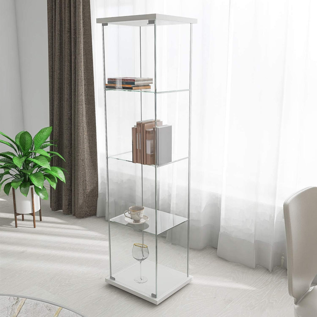 White Wood 4-Shelf Glass Display Cabinet with Door B9284