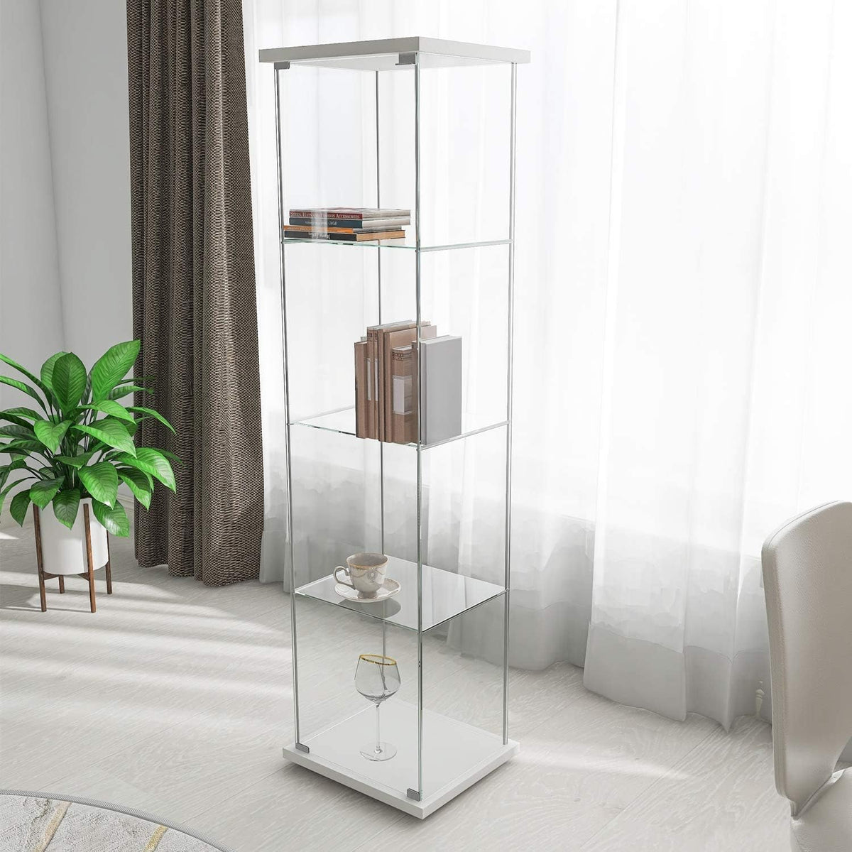 White Wood 4-Shelf Glass Display Cabinet with Door B9284