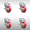 4 inch Red Polyurethane Swivel Bolt Hole Caster Set with Brake E33088