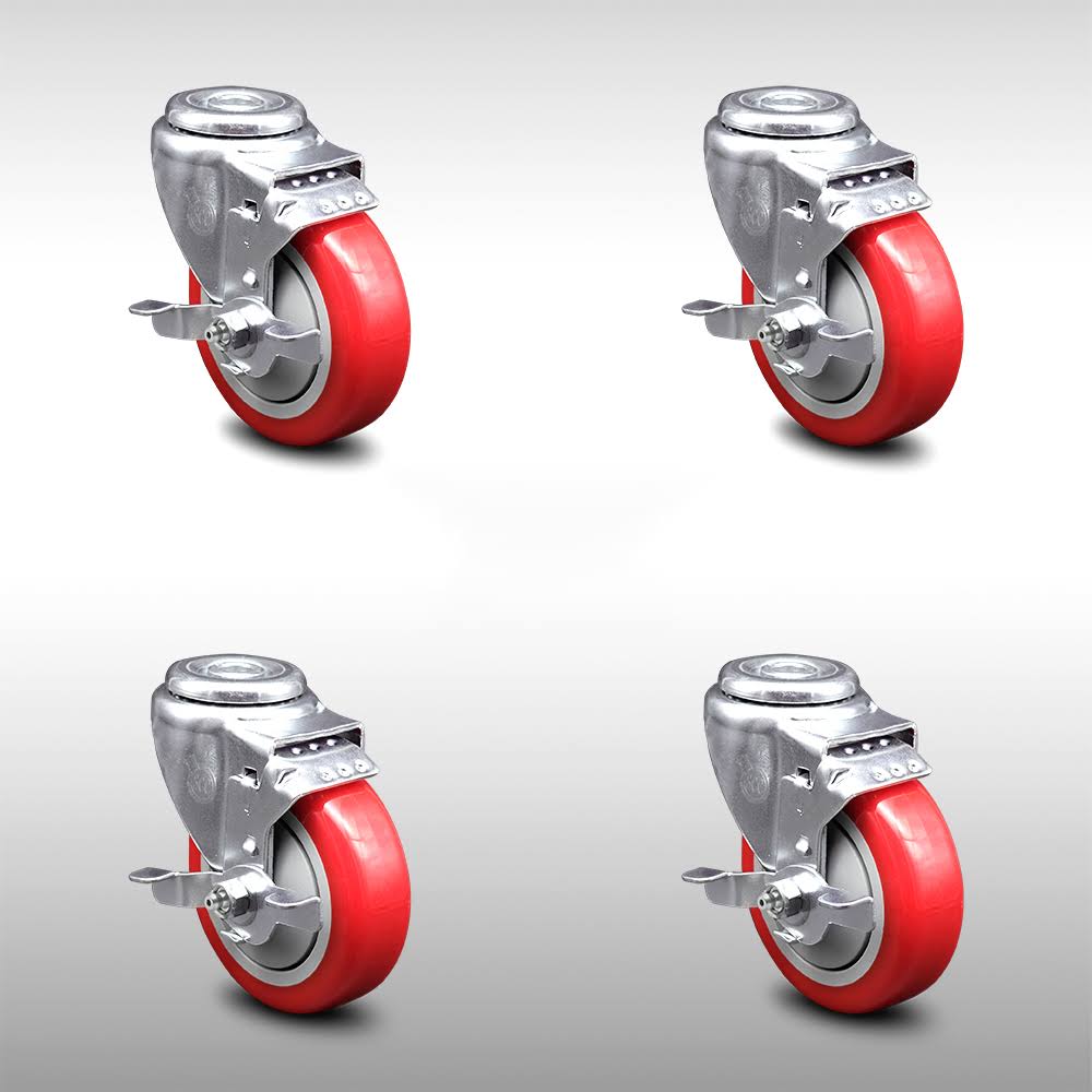 4 inch Red Polyurethane Swivel Bolt Hole Caster Set with Brake E33088