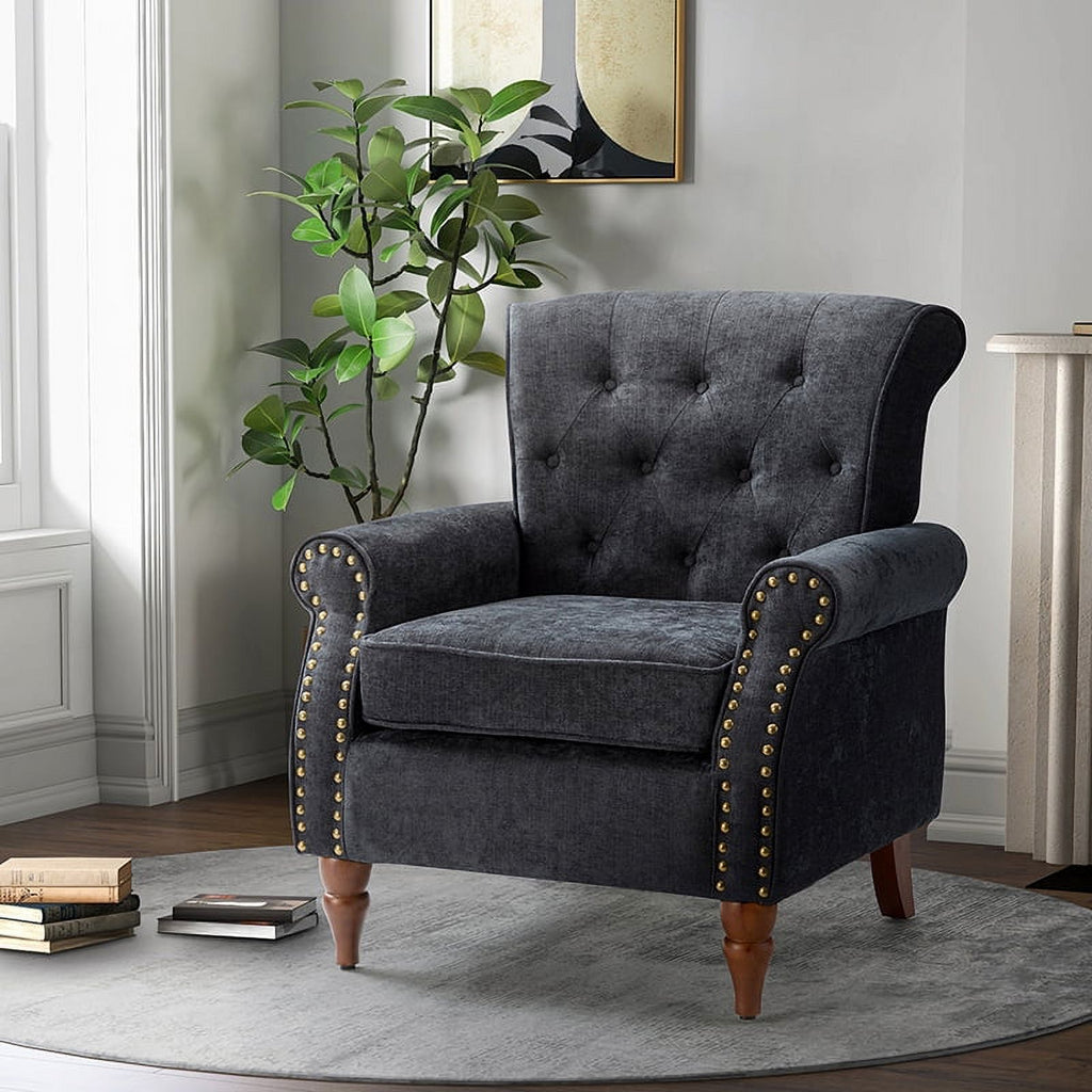 Charcoal Upholstered Accent Chair with Wood Legs R544