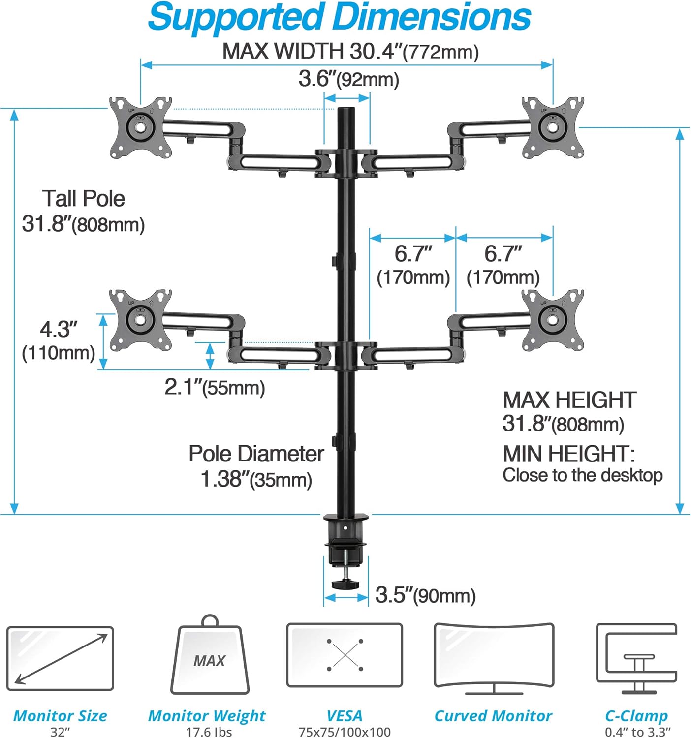 Quad Monitor Desk Stand with 4 Articulating Arms W560