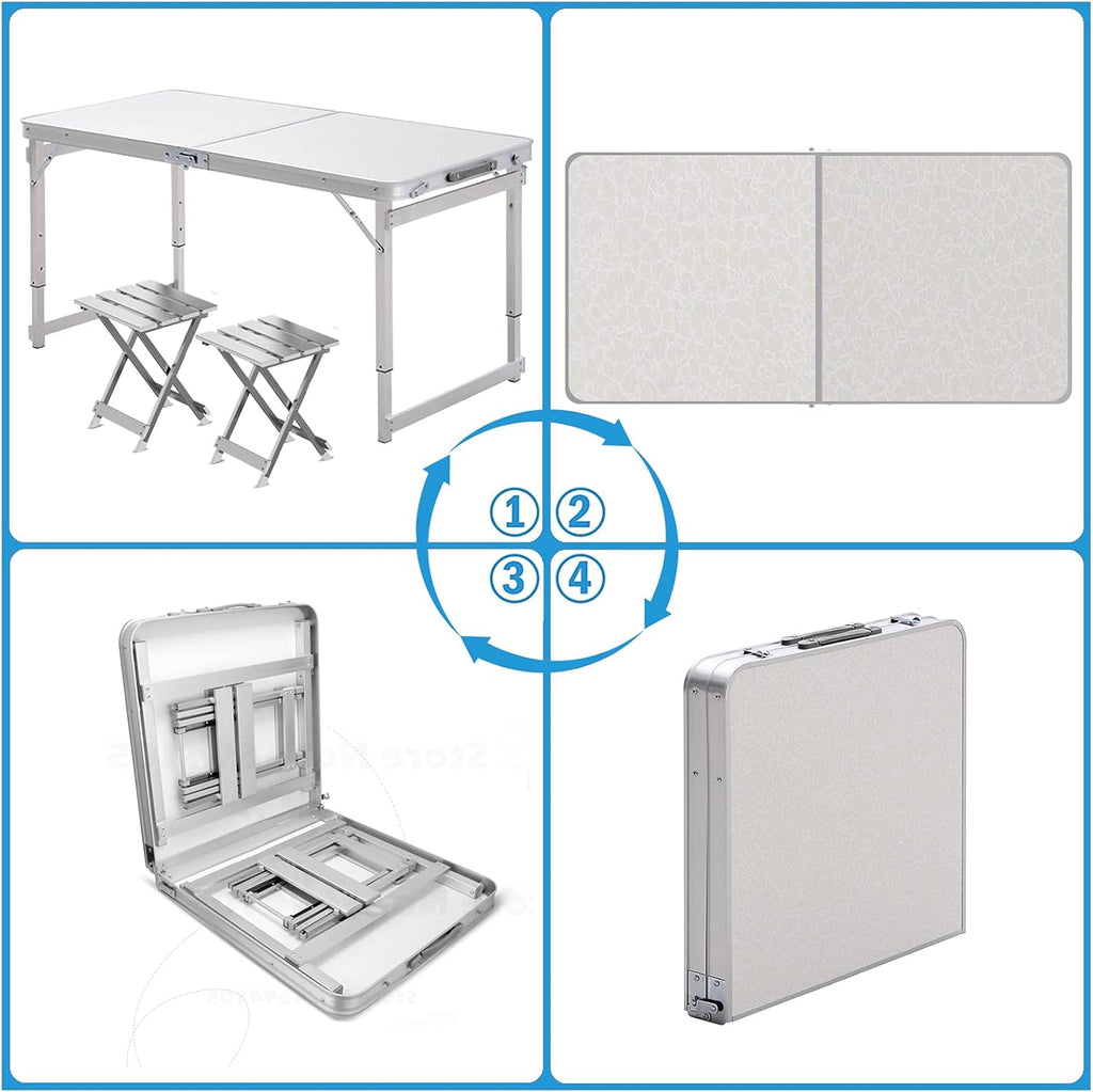 White 4 Foot Adjustable Folding Camping Table with Aluminum Stools W96159