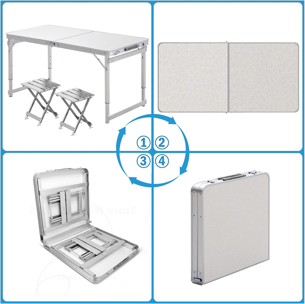 White 4 Foot Adjustable Folding Camping Table with Aluminum Stools W96159