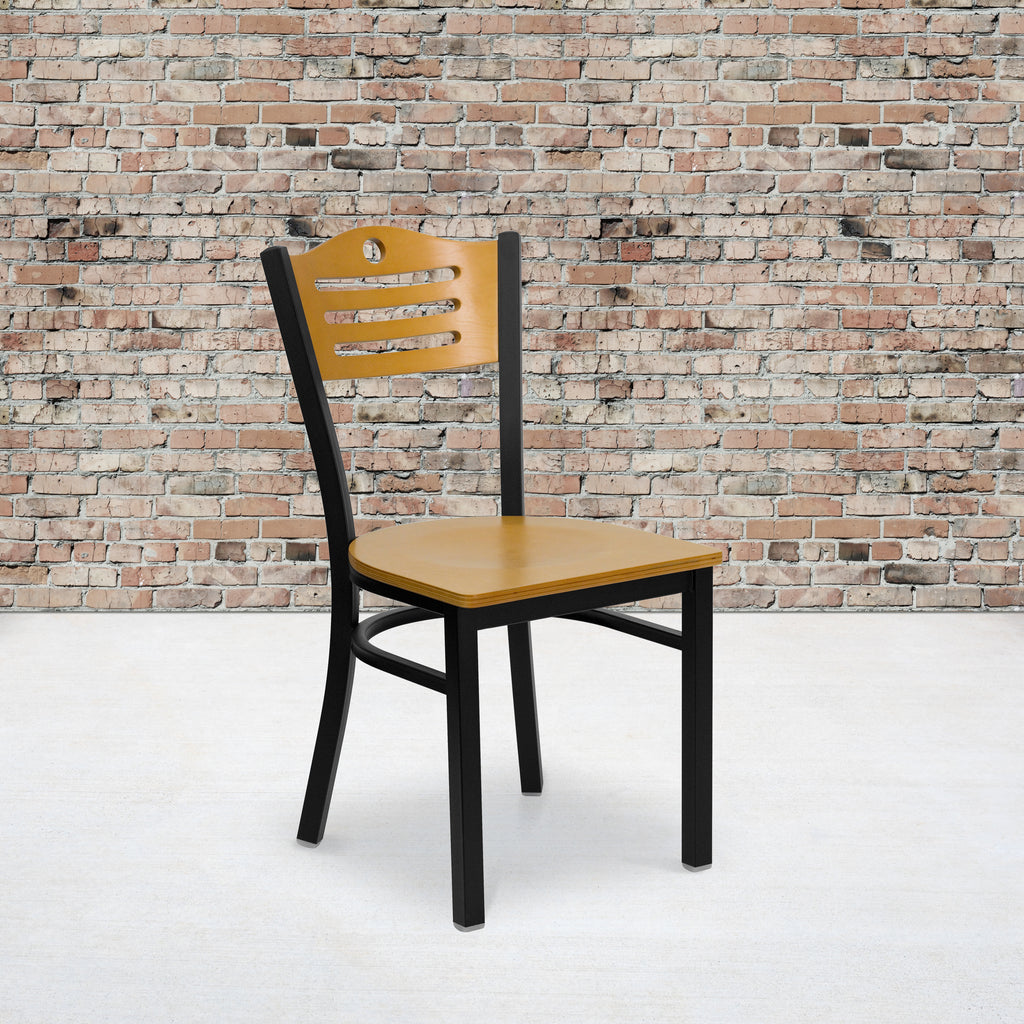 Black Slat Back Metal Restaurant Chair with Natural Wood Back & Seat A241981