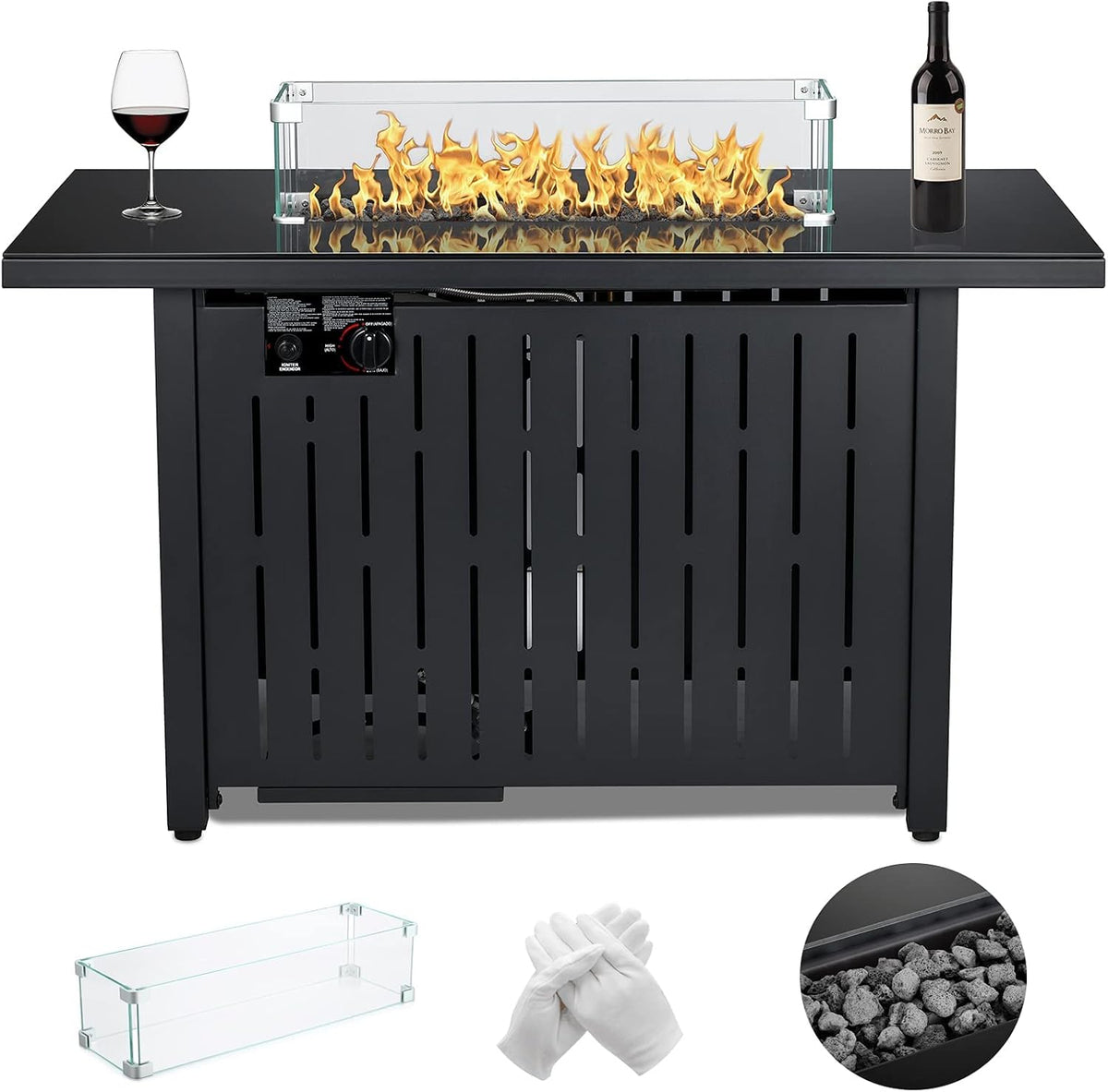 43 Inch 50,000 BTU Auto-Ignition Gas Fire Pit Table with Glass Wind Guard, Lava Stone P53737