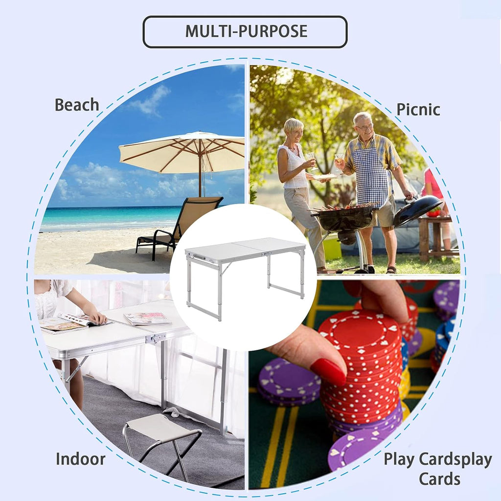 White 4 Foot Adjustable Folding Camping Table with Aluminum Stools W96159