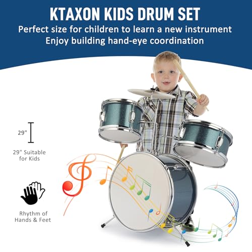 3-Piece Kids Drum Set with Throne Stool, Pedal & 2 Pairs of Drumsticks (Black) U60626