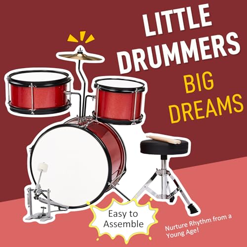 3-Piece Kids Drum Set with Throne Stool, Pedal & 2 Pairs of Drumsticks (Black) U60626