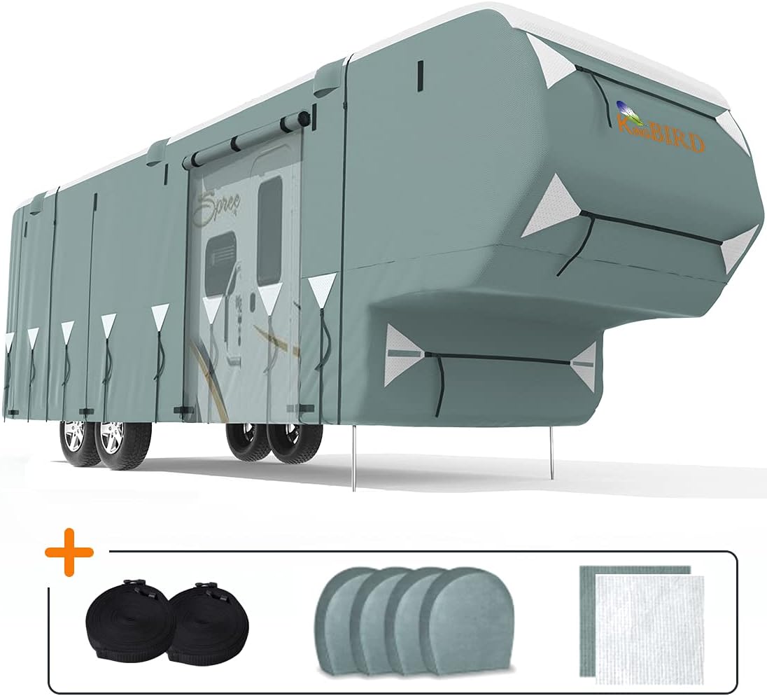 5th Wheel RV Cover, Extra-Thick 5 Layers Anti-UV Top Panel, Fits 26'-29' Motorhome with 2Pcs Extra Straps & 4 Tire Covers U7417