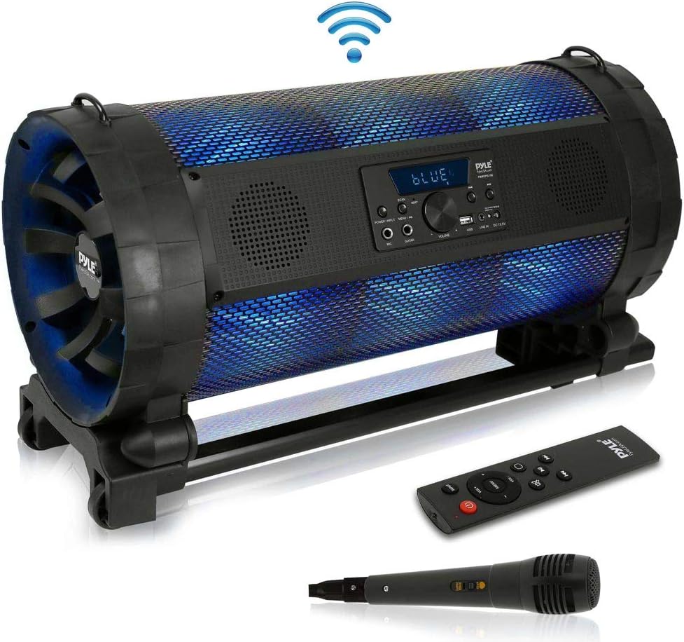 Black Bluetooth Boombox Stereo Speaker with FM Radio, Remote, LED Lights, Rechargeable Battery T8340
