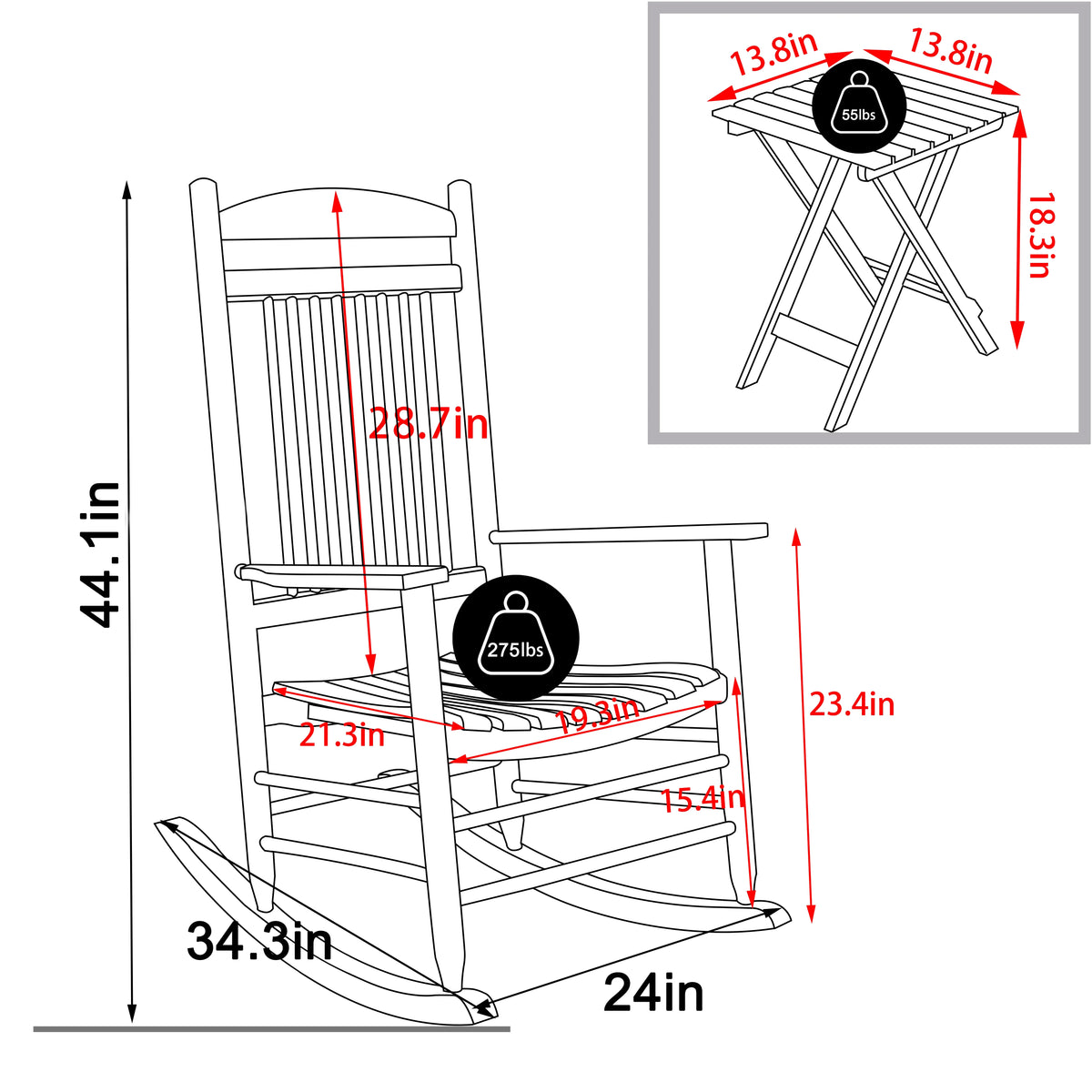 Black Wood Rocking Chair Set of 3 with Foldable Table Y348