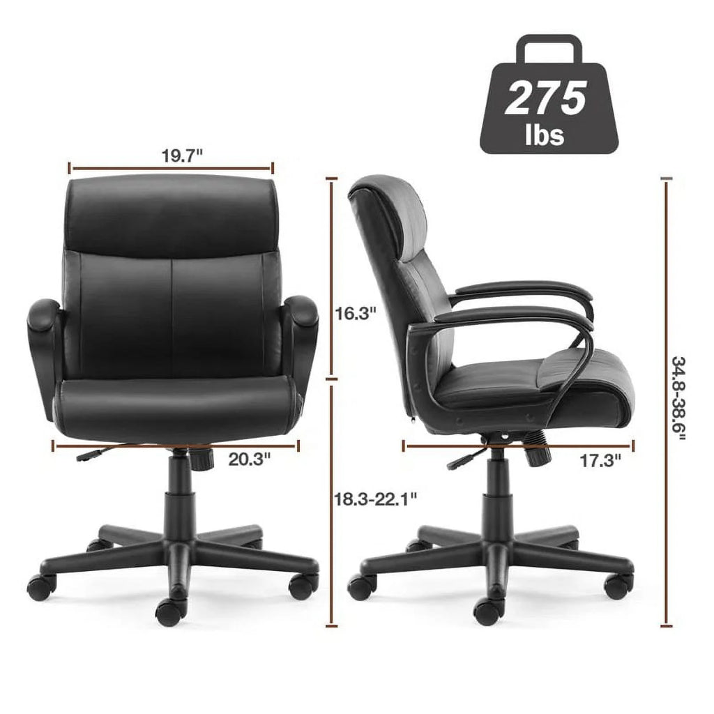 Black PU Leather Mid-back Office Chair with Fixed Padded Armrests J5308