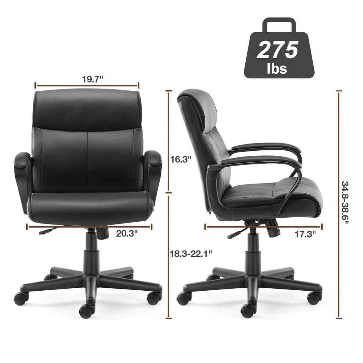 Black PU Leather Mid-back Office Chair with Fixed Padded Armrests J5308