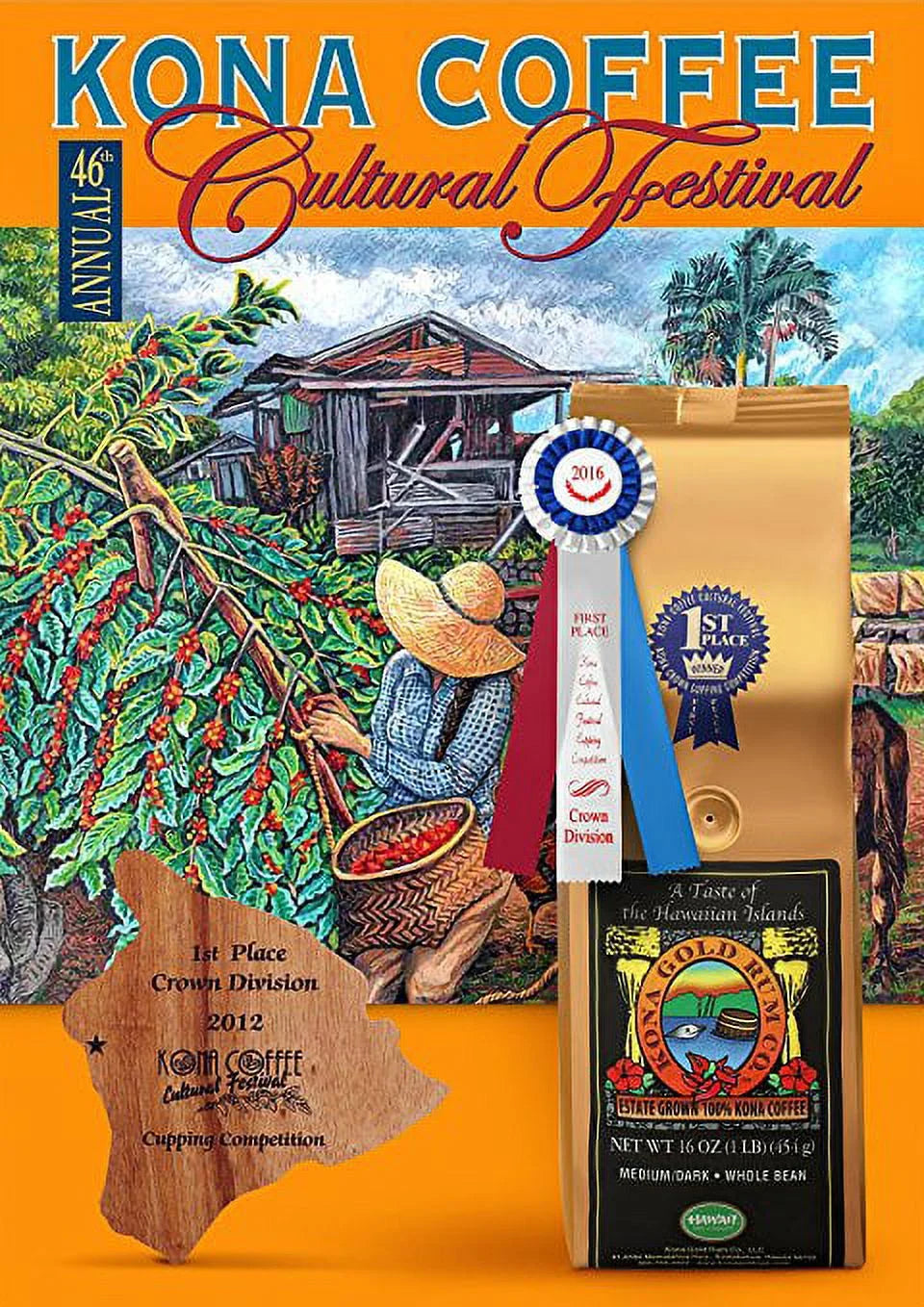 100% Kona Coffee Whole Beans 16 oz Medium Dark Roast U685513