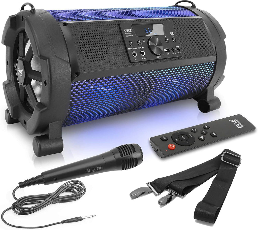 Black Bluetooth Boombox Stereo Speaker with FM Radio, Remote, LED Lights, Rechargeable Battery T8340