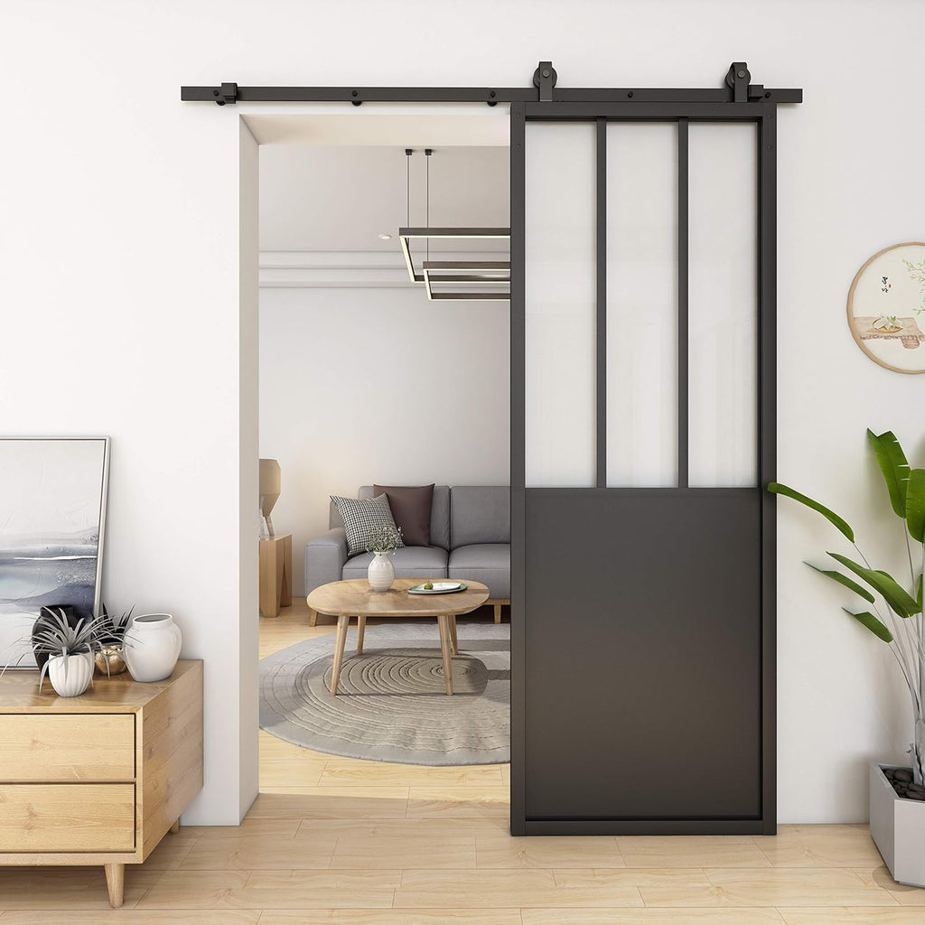 36in x 84in Clear Tempered Glass Sliding Barn Door with Aluminum Frame D4793