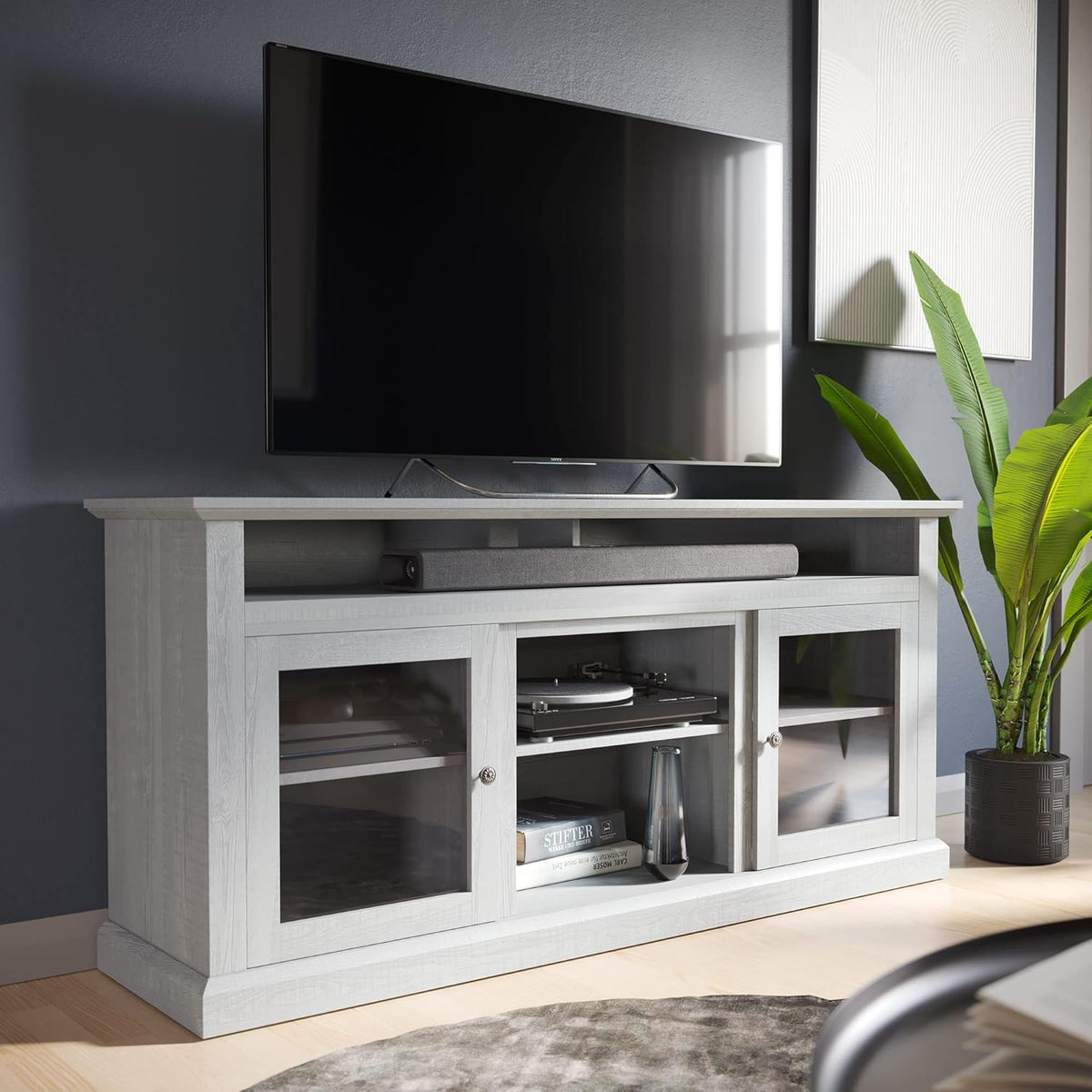 Gray Wash Electric Fireplace TV Stand with Open Storage Shelves & Cabinets A952