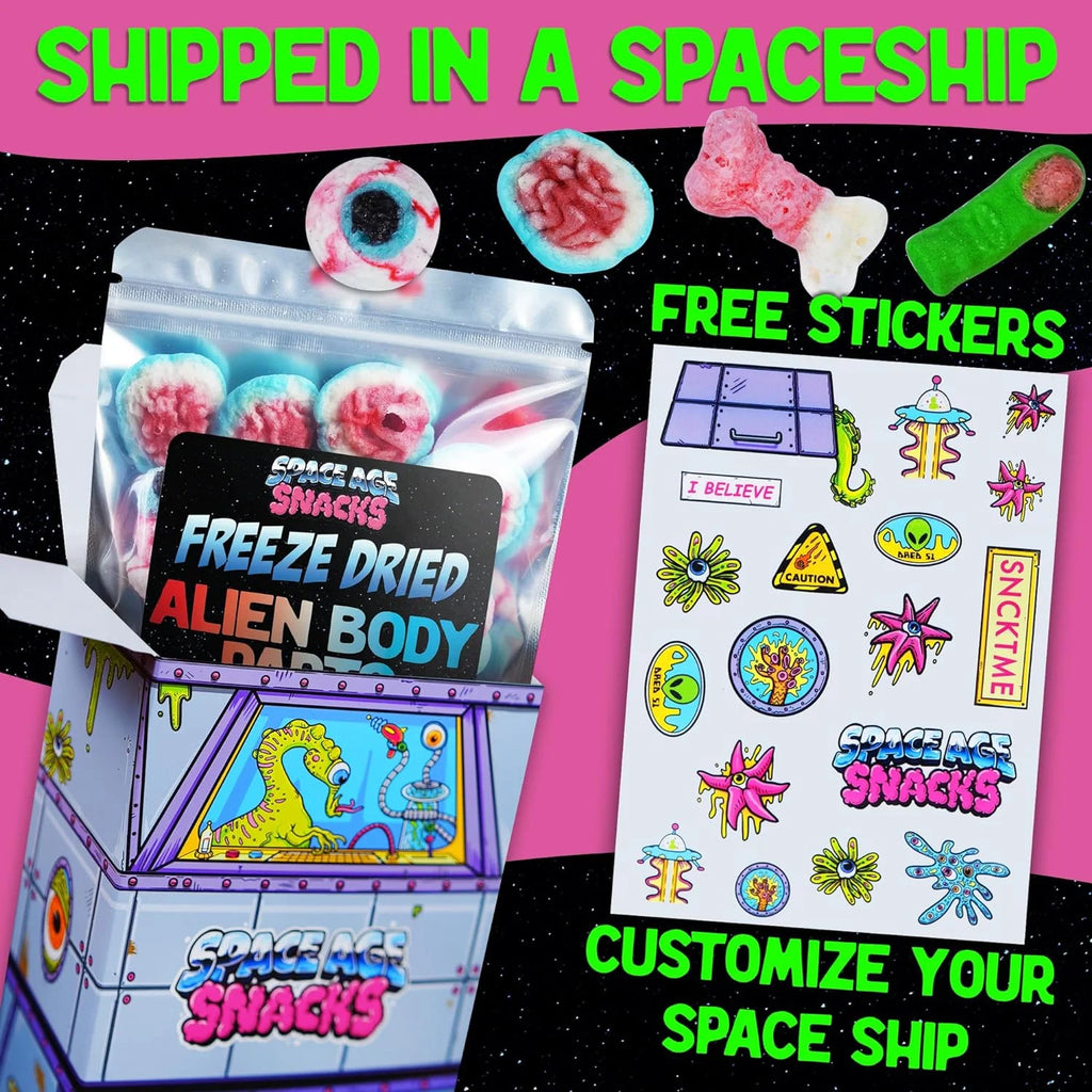 Freeze Dried Candy Variety Pack with Airheads, Skulls, and Alien Body Parts in Spaceship Box C590