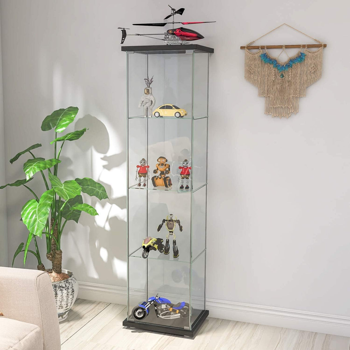 White Wood 4-Shelf Glass Display Cabinet with Door B9284
