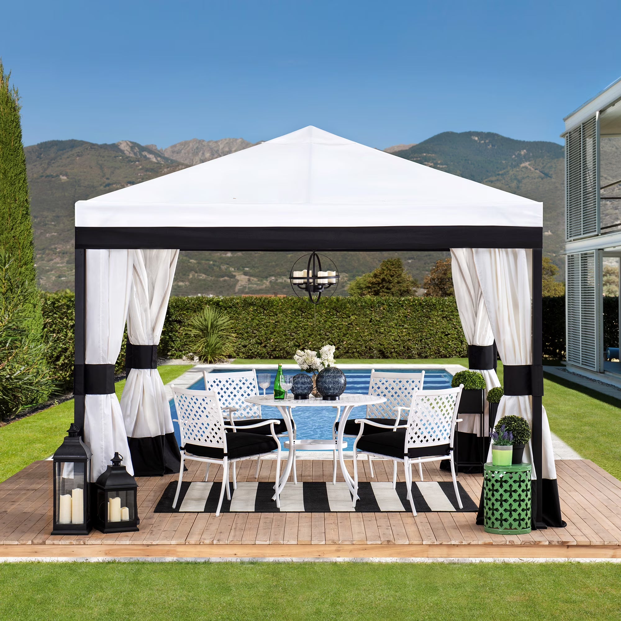Black and White Steel Gazebo with Mosquito Netting D42017