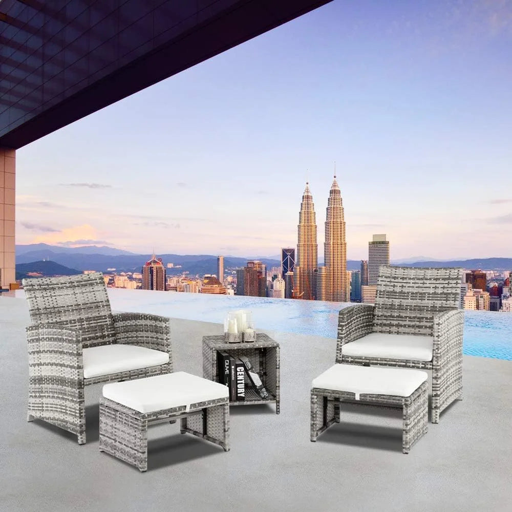 5 Pcs Wicker Rattan Cushioned Patio Sofa Set with Ottoman & Table E377732