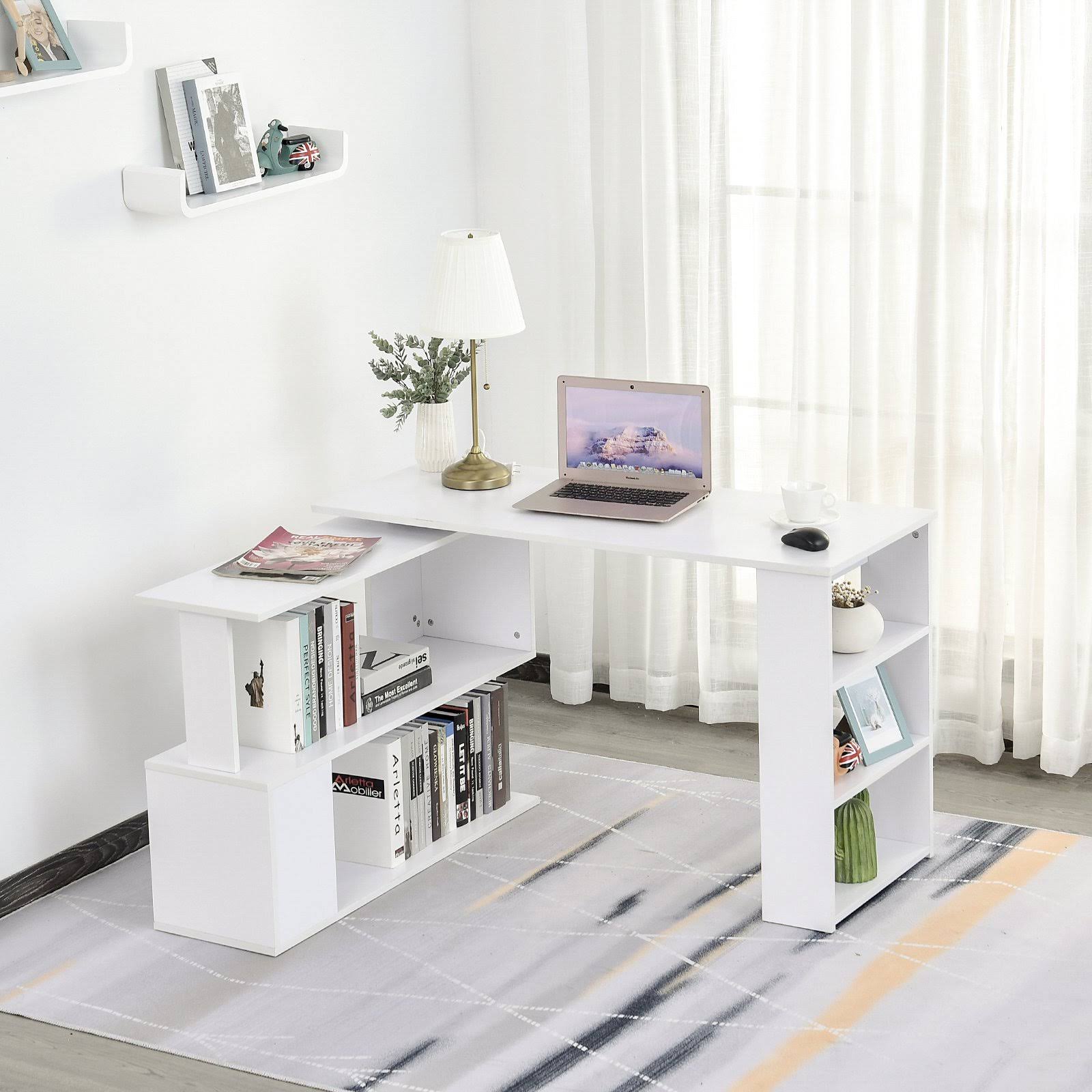 360 Rotating L Shaped Corner Desk with Bookshelves P238