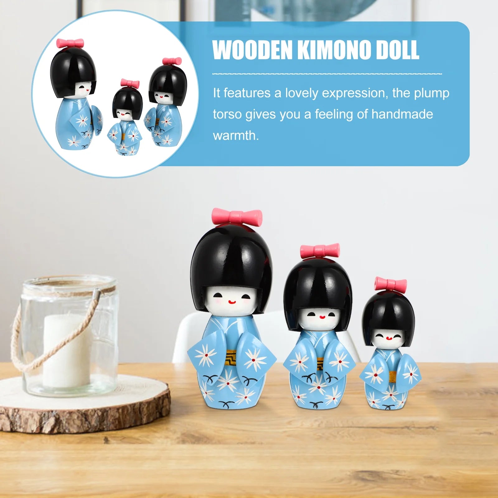 3 Pcs Wooden Kimono Doll Figurines A7662