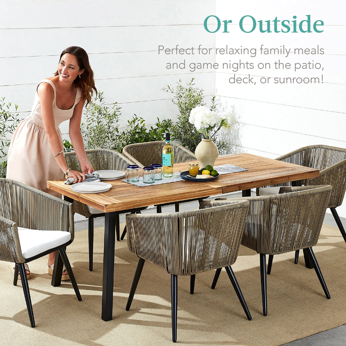Rustic Acacia Wood Picnic Dining Table with Metal Legs L989376