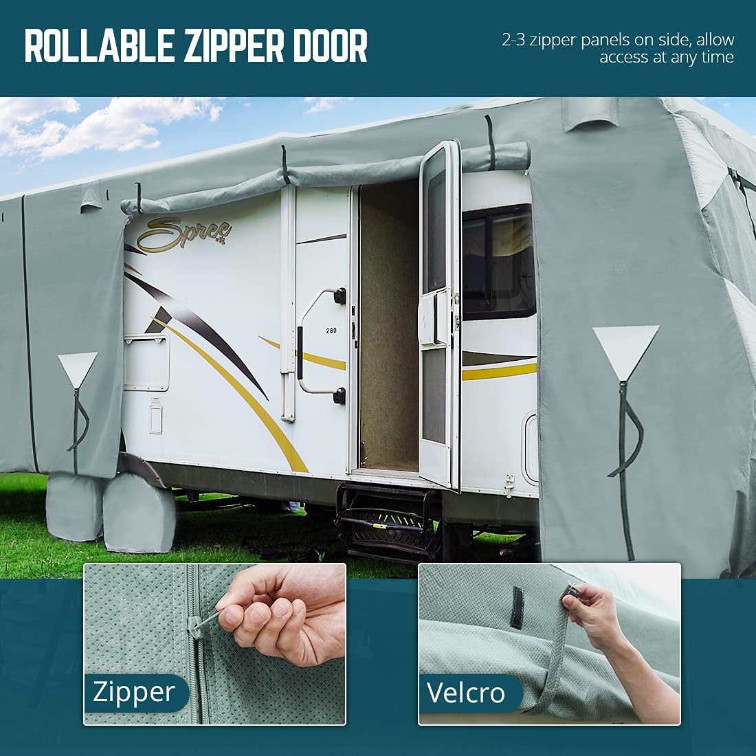 5th Wheel RV Cover, Extra-Thick 5 Layers Anti-UV Top Panel, Fits 26'-29' Motorhome with 2Pcs Extra Straps & 4 Tire Covers U7417