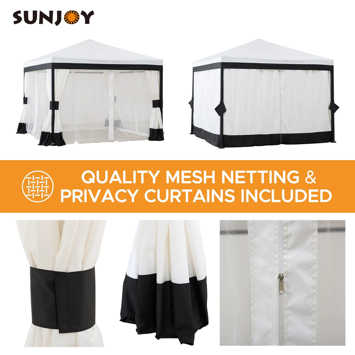 Black and White Steel Gazebo with Mosquito Netting D42017