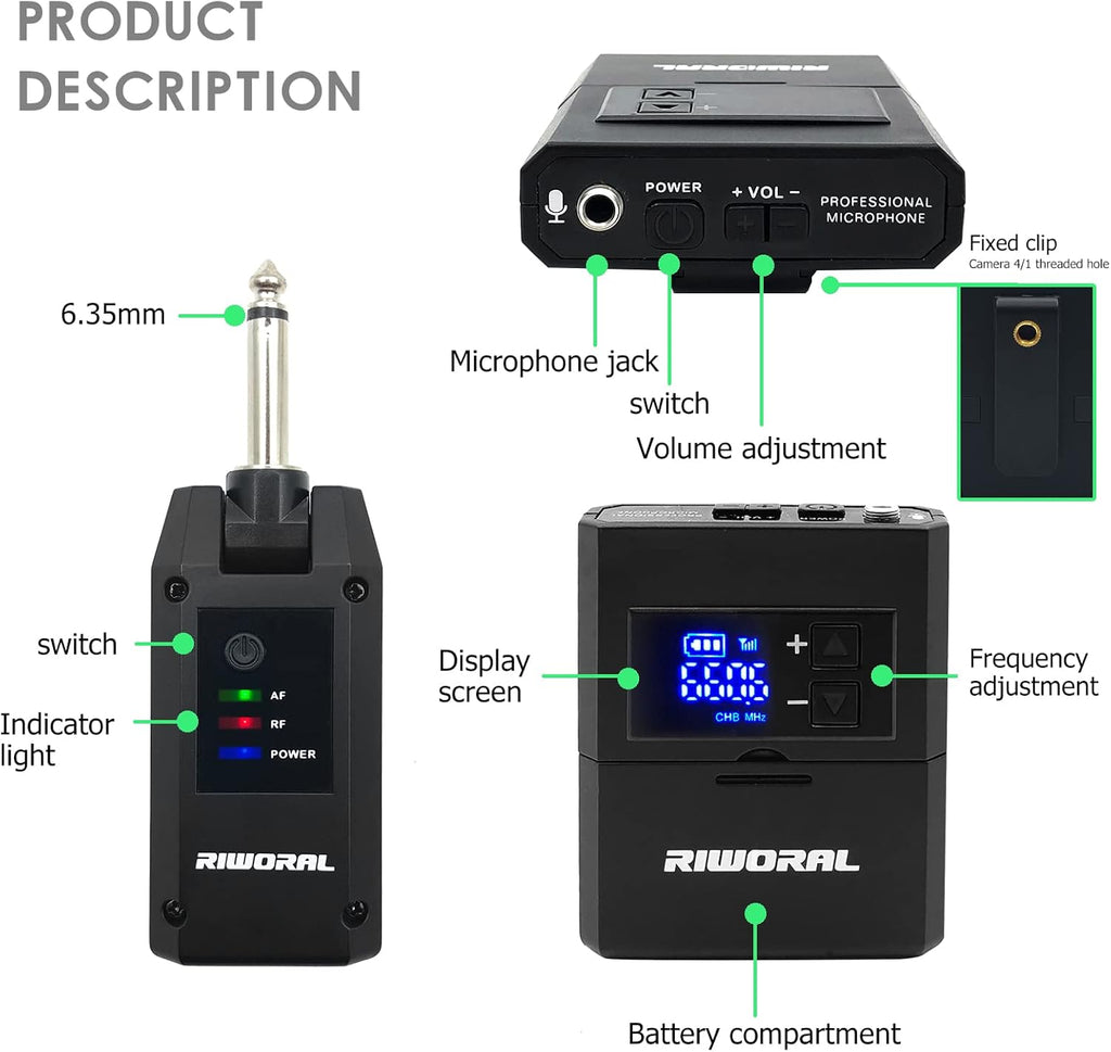 UHF Wireless Microphone System with Lavalier Mic, Headset Mic, Handheld Mic, Transmitter & Receiver, Pack of 2 H650063
