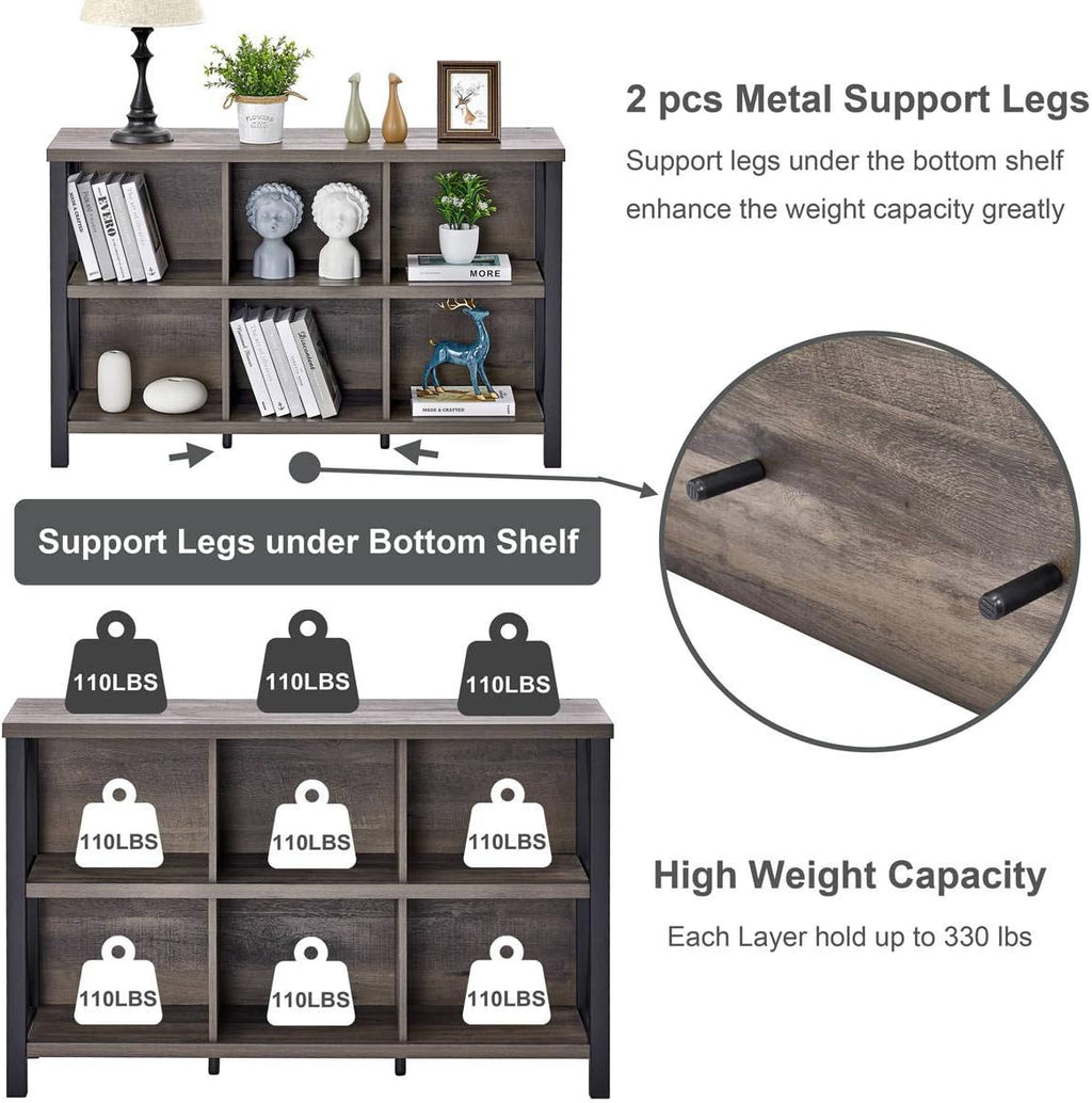 Rustic 6 Cube Storage Organizer with Shelf, Wood and Metal Cubby Bookcase (Walnut Brown, 47 Inch) G877