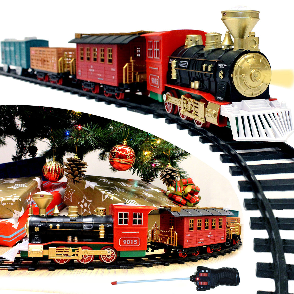 Christmas Train Set with Remote Control, Lights and Sounds, 12 Tracks, 4 Train Cars I8259