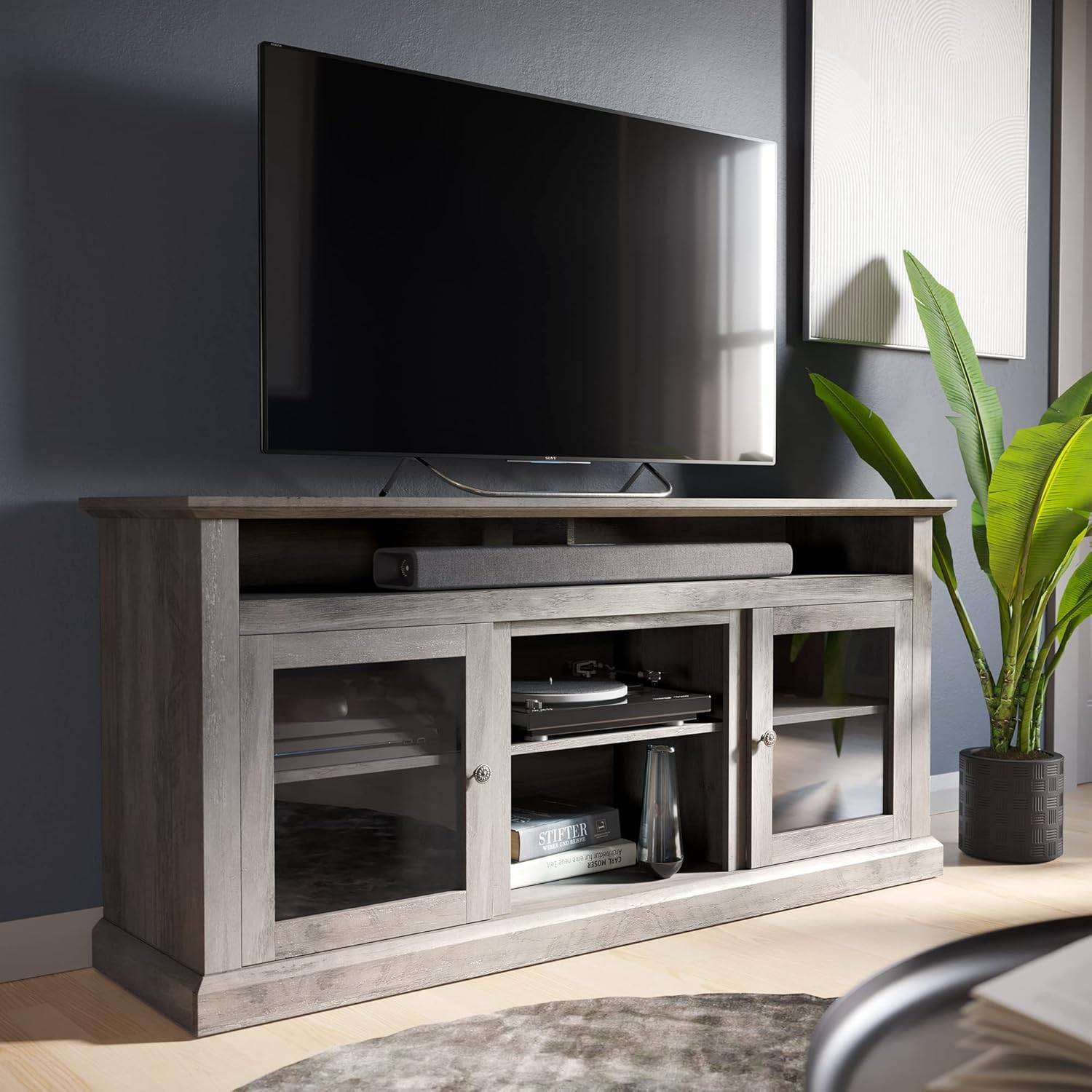 Gray Wash Electric Fireplace TV Stand with Open Storage Shelves & Cabinets A952
