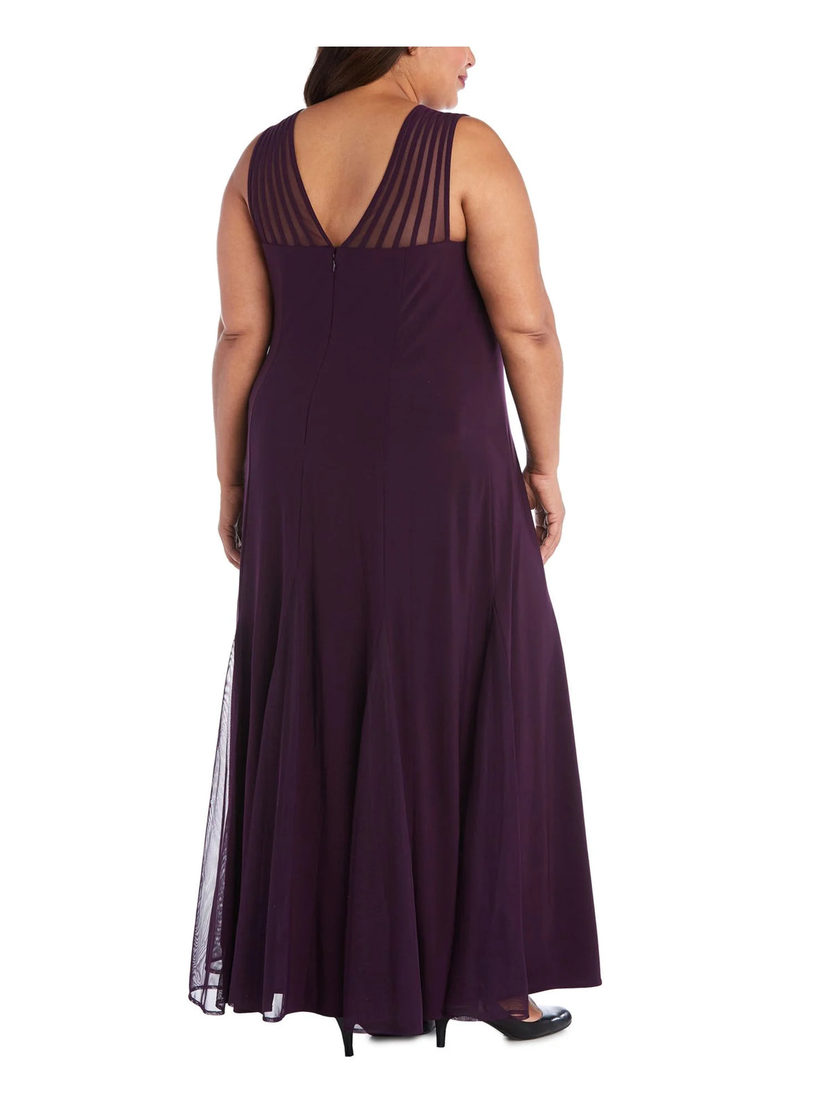 Purple Stretch Zippered Pleated Strappy Mesh-inset Sleeveless V Neck Full-Length Formal Gown Dress Plus 18W A217057