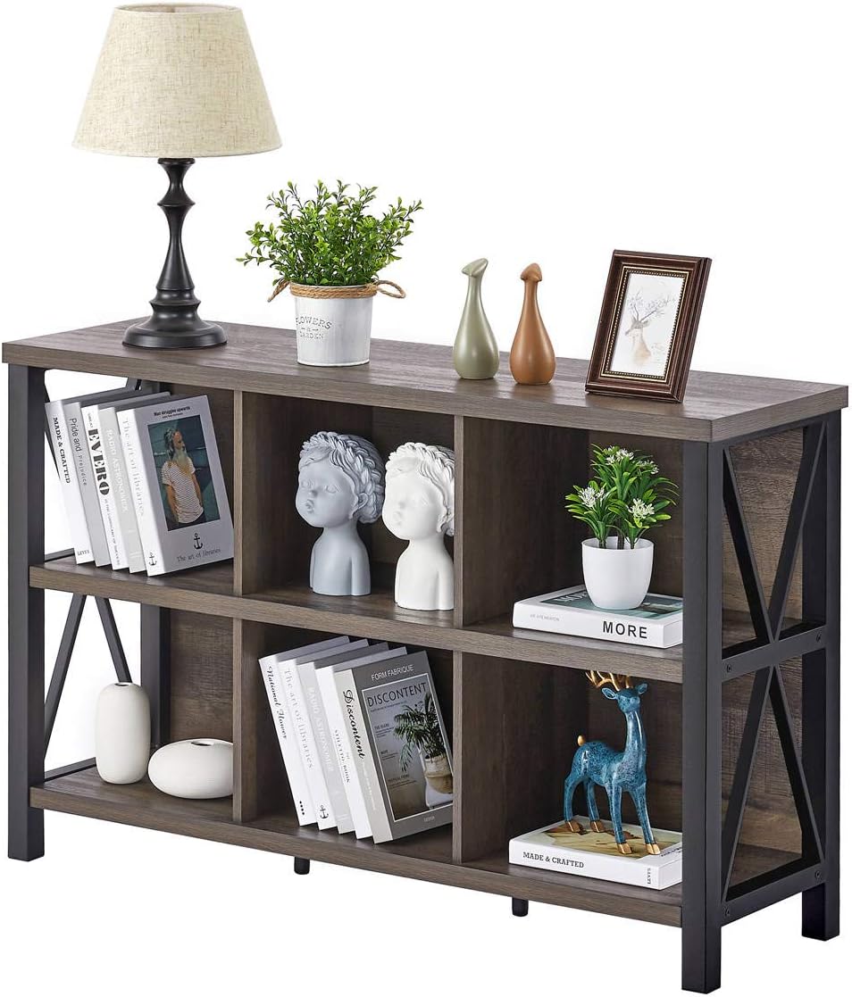 Rustic 6 Cube Storage Organizer with Shelf, Wood and Metal Cubby Bookcase (Walnut Brown, 47 Inch) G877