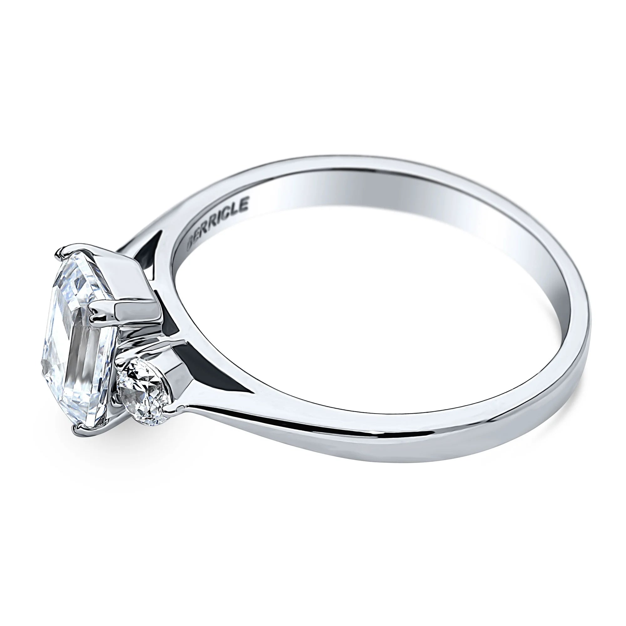 Sterling Silver 3-Stone Emerald Cut Cubic Zirconia Ring, Rhodium Plated Size 4.5 M2303