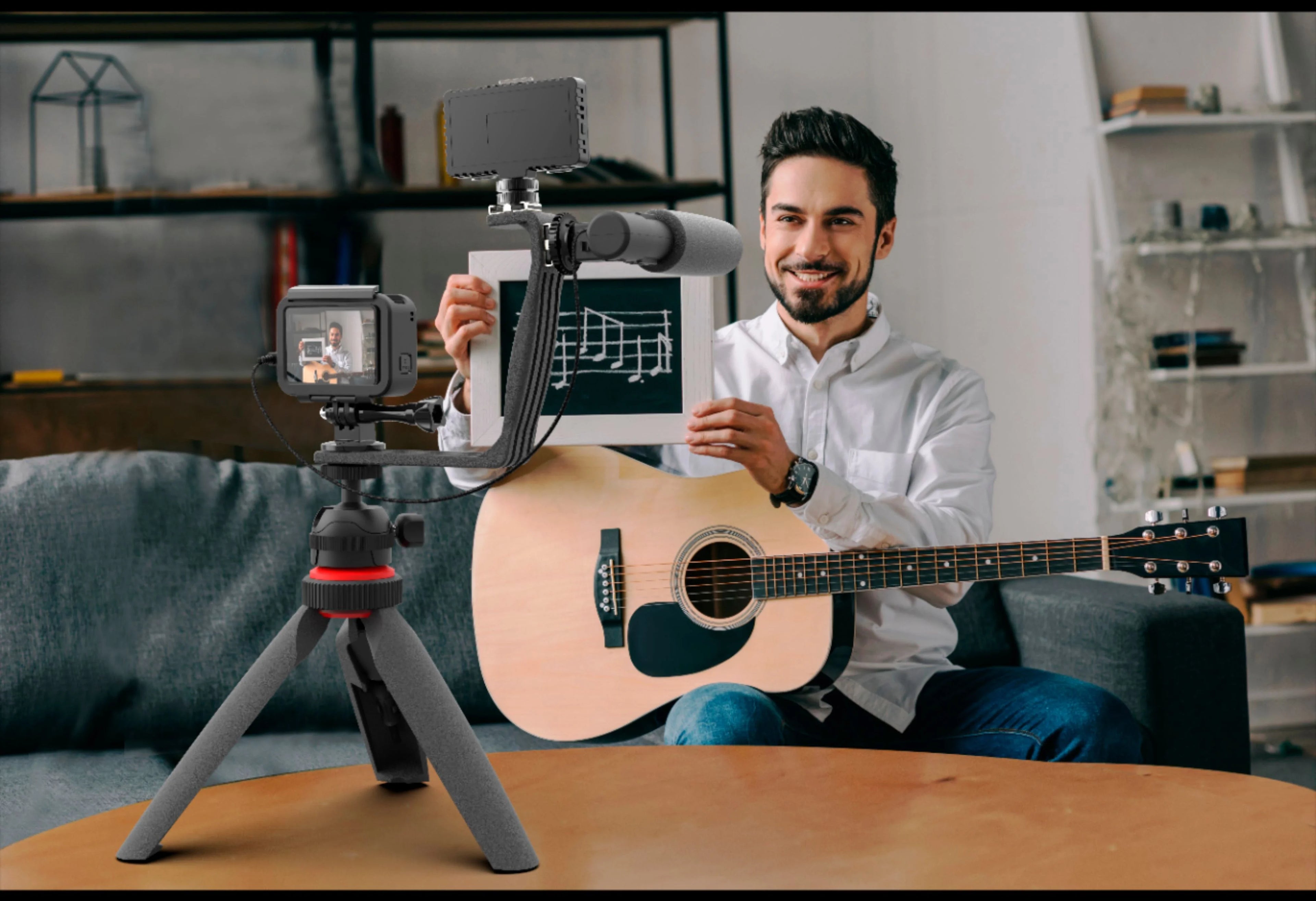 Black Phone Video Stabilizer Rig Kit with Microphone, Light Diffuser and Mini Tripod H968823