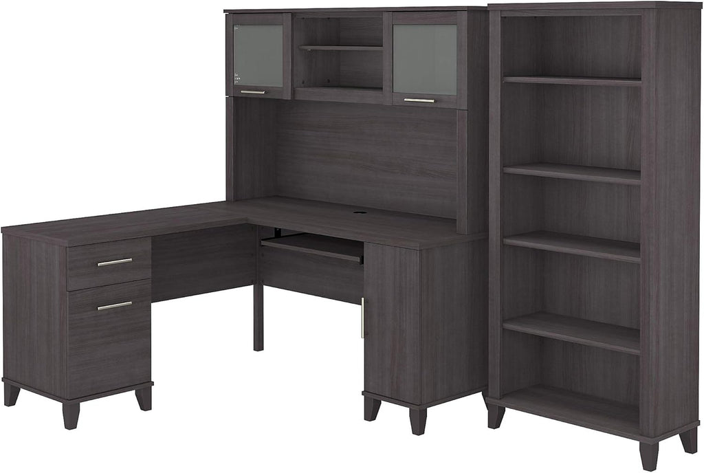 L Shaped Desk with Hutch and 5 Shelf Bookcase, 72W, Storm Gray C570476