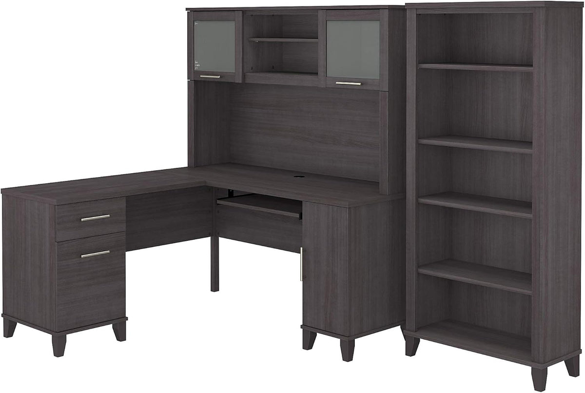 L Shaped Desk with Hutch and 5 Shelf Bookcase, 72W, Storm Gray C570476
