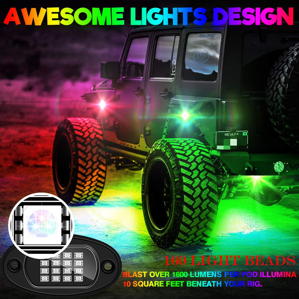 10-pods Trucks LED RGB Neon Underglow Rock Lights Kit, Dual-Zone, 160LEDs, 2-in-1 Line, Waterproof 12V, Pack of 2 O36047