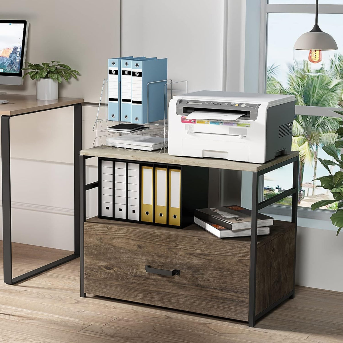 Wood Lateral File Cabinet with Drawer and Open Shelf J52495