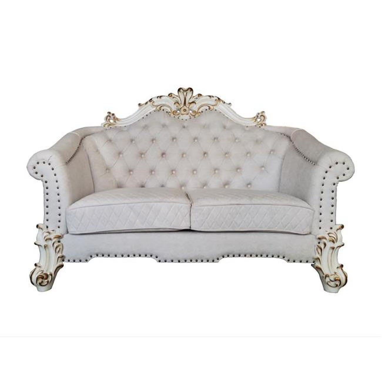 Ivory & Pearl Velvet Love Seat Sofa with Toss Pillows L98863