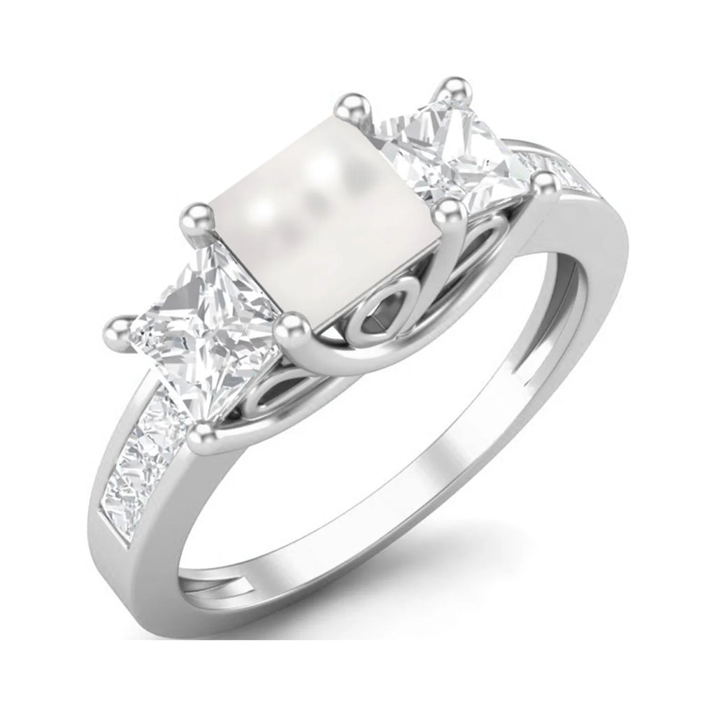 2.62 Cts Square Cut Halo Three Stone Pearl Gemstone 925 Sterling Silver Ring B7383