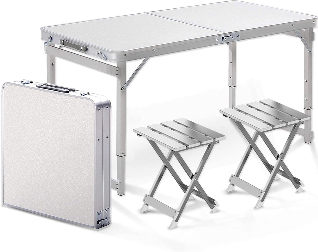 White 4 Foot Adjustable Folding Camping Table with Aluminum Stools W96159